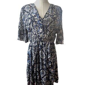 Zara Blue & White Floral Print Small Dress V-Neck